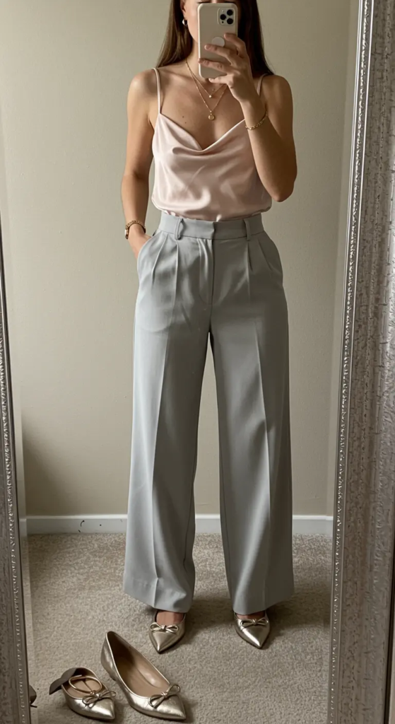 Silk Camisole and High-Waisted Trousers