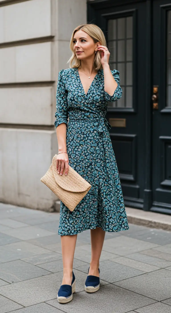 Printed Wrap Dress and Espadrille Wedges