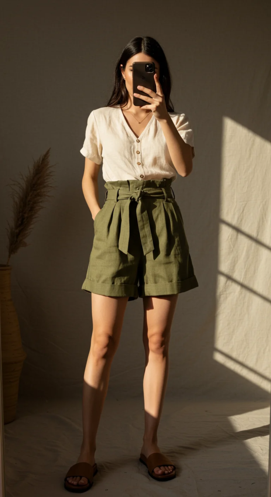 Linen Blend Paperbag Waist Shorts and Blouse