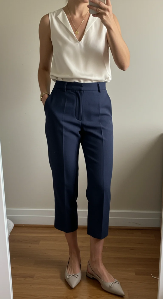 Cropped Trousers and Sleeveless Blouse