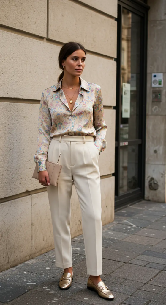 Printed Silk Blouse and White Trousers