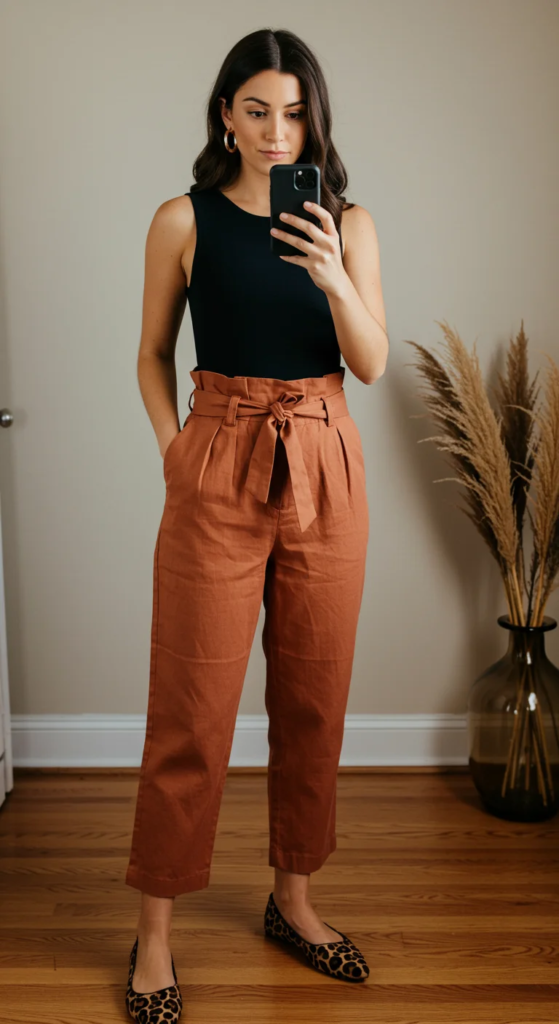 Linen Blend Paperbag Waist Pants and Bodysuit
