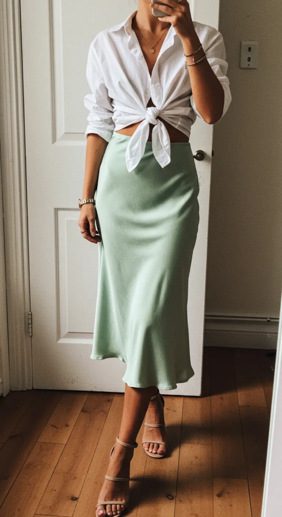 Midi Slip Skirt and Button-Down Shirt