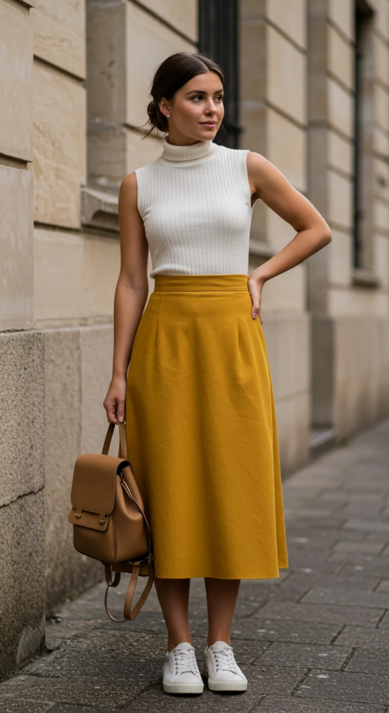 Sleeveless Turtleneck and A-Line Midi Skirt
