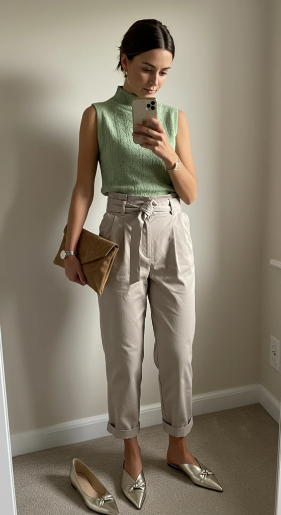 Sleeveless Knit Top and Paperbag Trousers