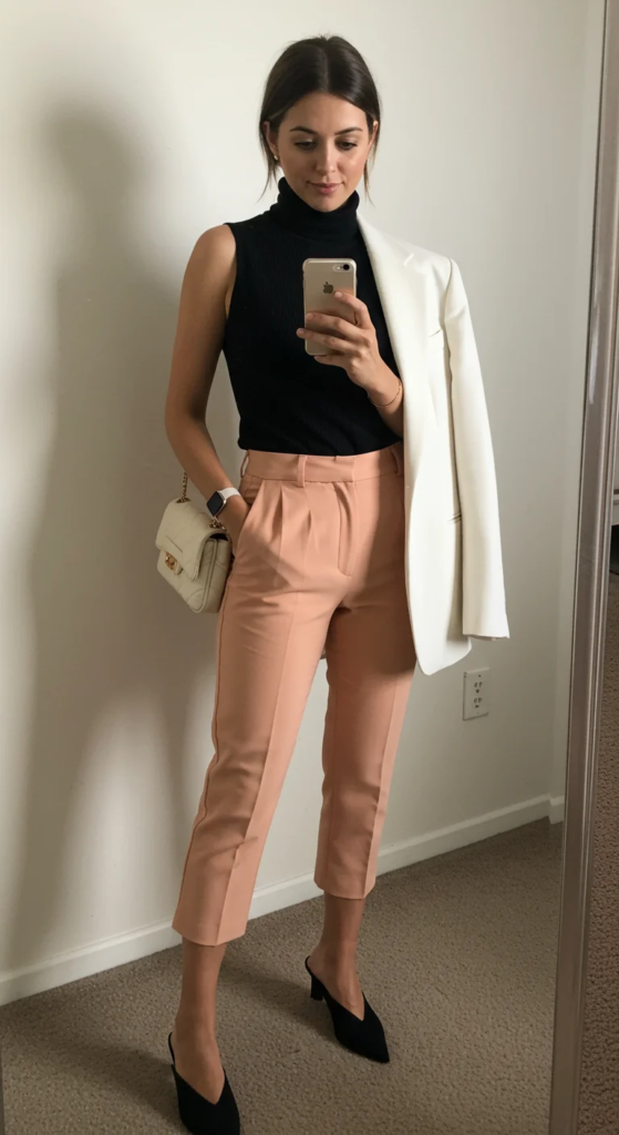 Sleeveless Turtleneck and Cropped Trousers