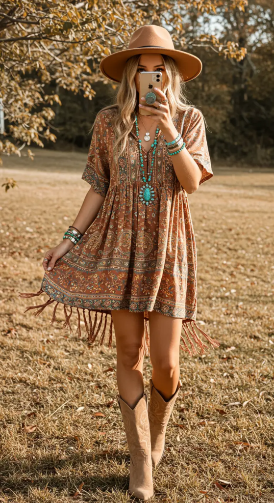 Boho Fringe Dress and Cowboy Boots