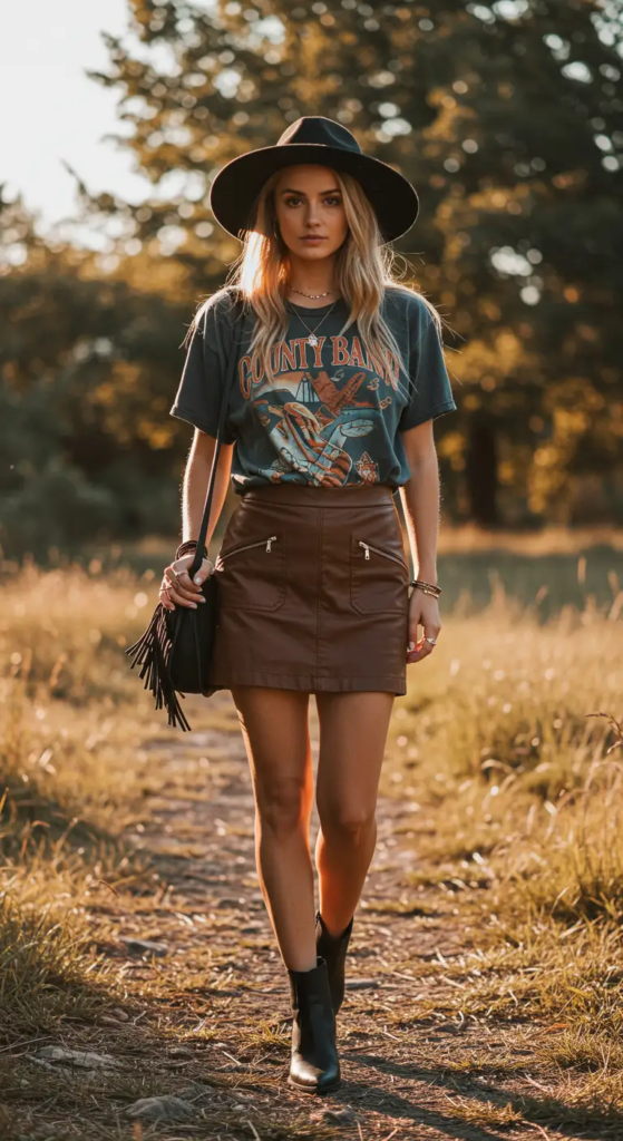 Leather Skirt and Band Tee Combo