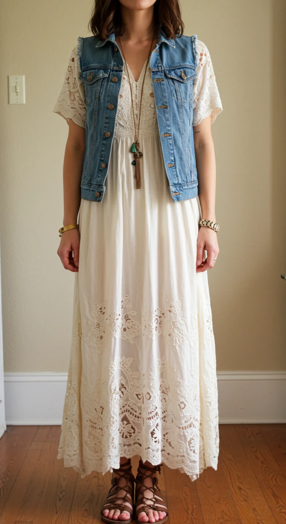 Embroidered Maxi Dress and Denim Vest