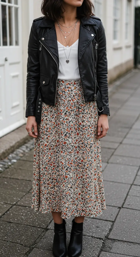 Leather Jacket and Floral Maxi Skirt