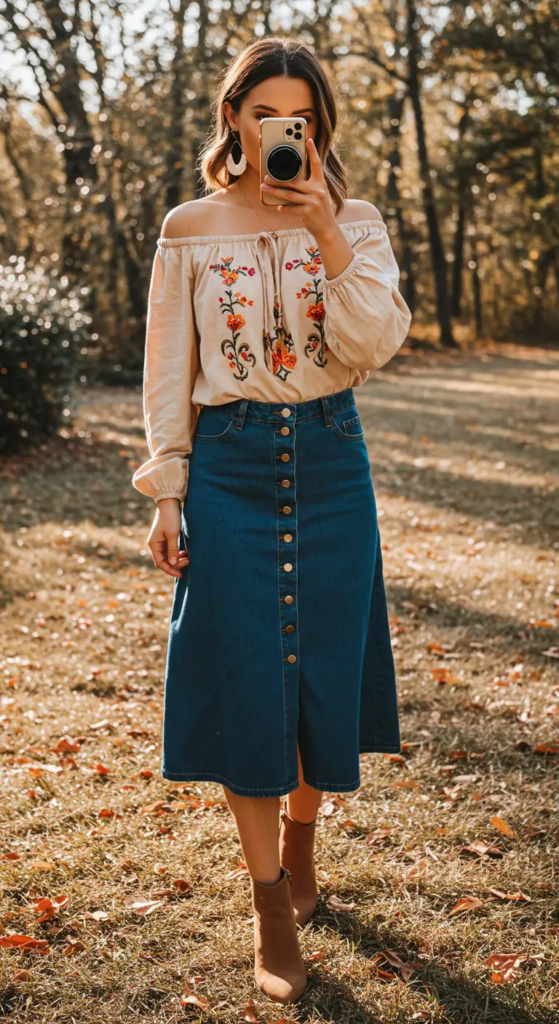 Off-Shoulder Peasant Top and Denim Skirt