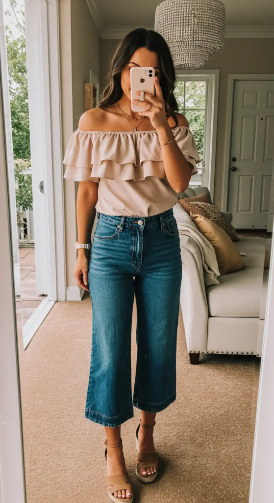 Ruffled Off-Shoulder Top and Denim Culottes
