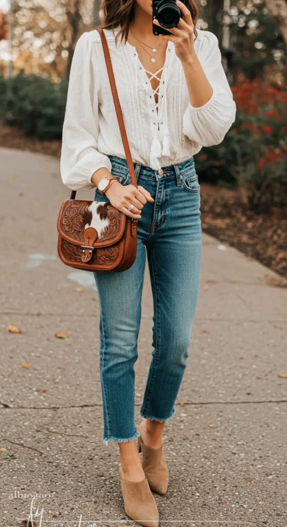 Lace-Up Blouse and Frayed Hem Jeans