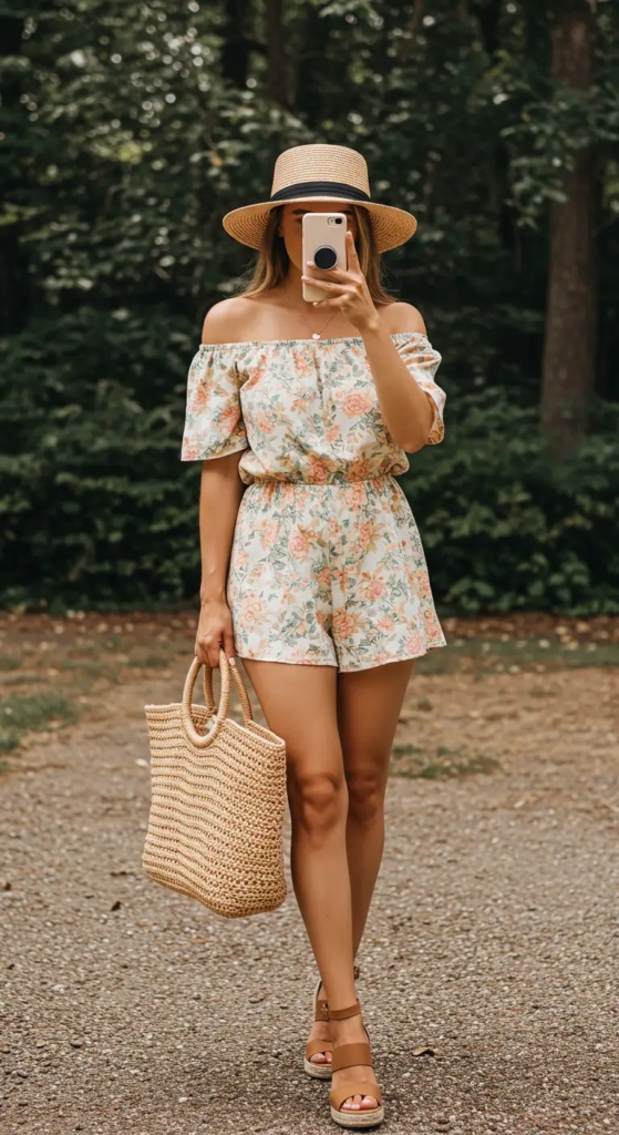 Off-Shoulder Romper and Wedge Sandals