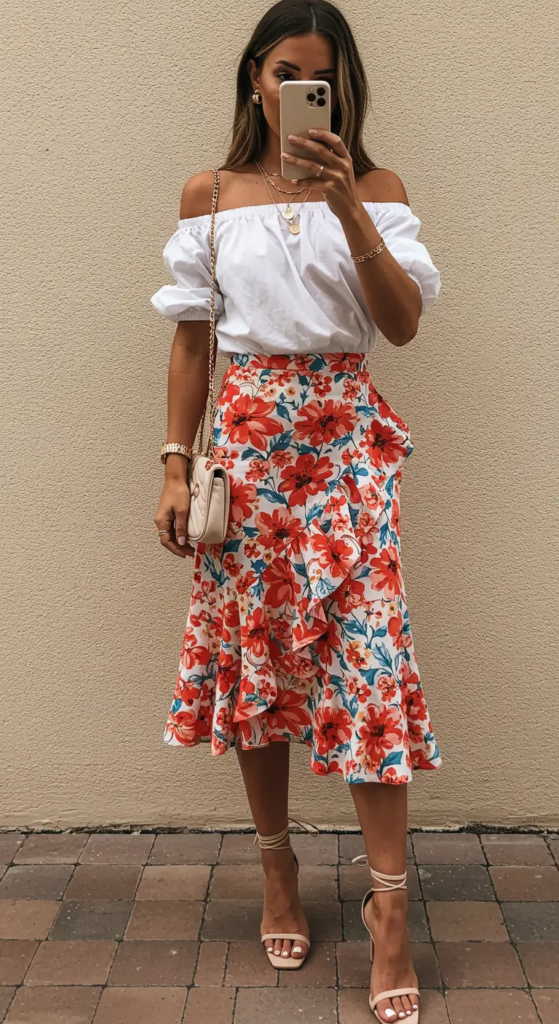 Ruffled Midi Skirt and Off-Shoulder Blouse