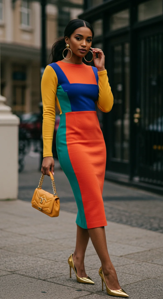 Colorblock Midi Dress and Statement Heels