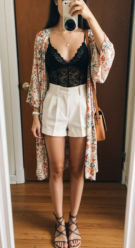 Lace Bodysuit and High-Waisted Shorts