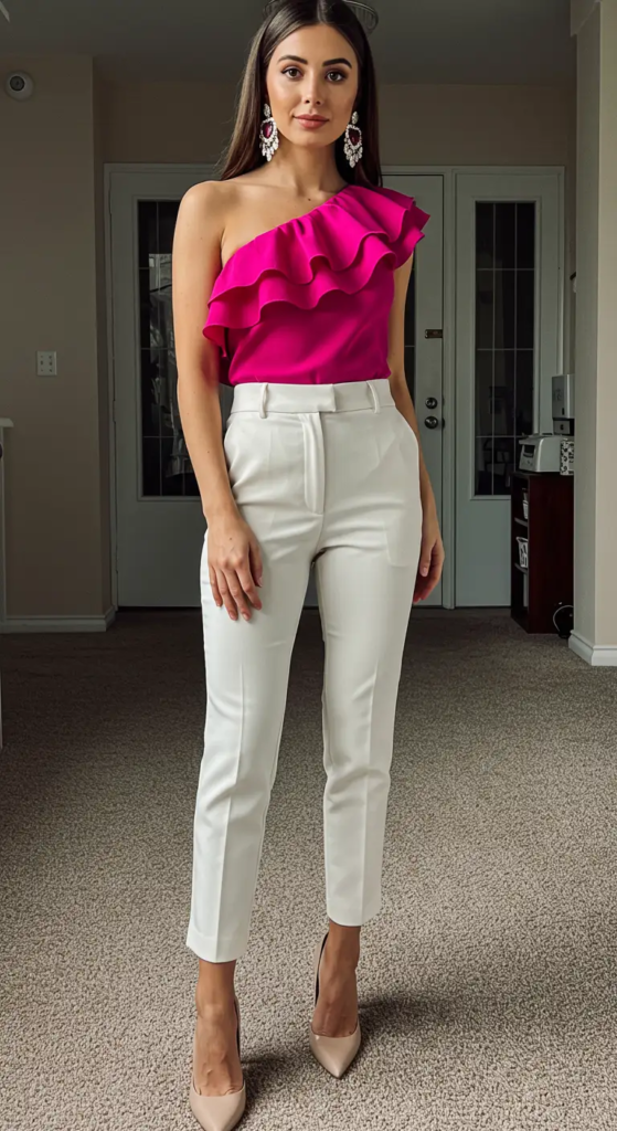 Ruffled One-Shoulder Top and Tailored Pants