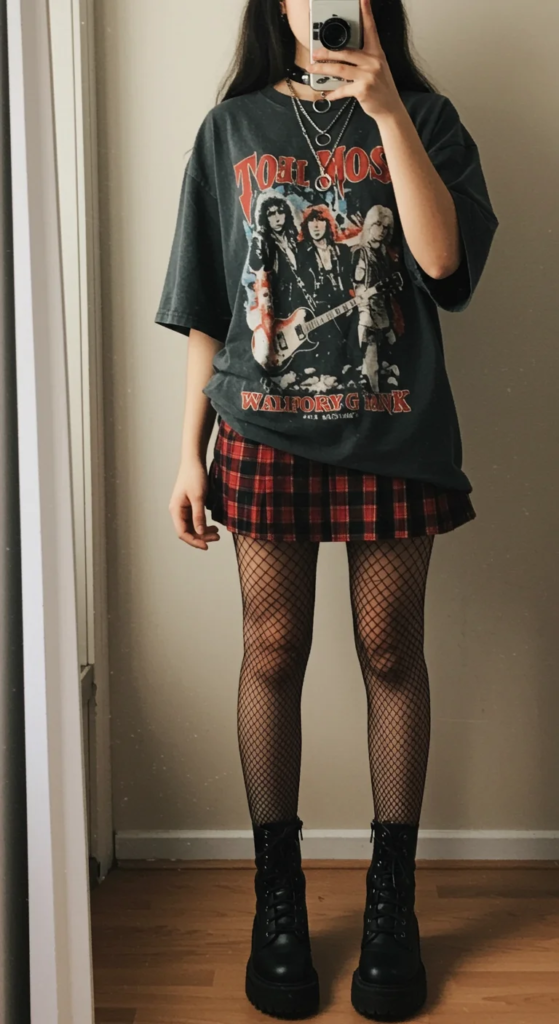 Graphic Band Tee and Plaid Mini Skirt