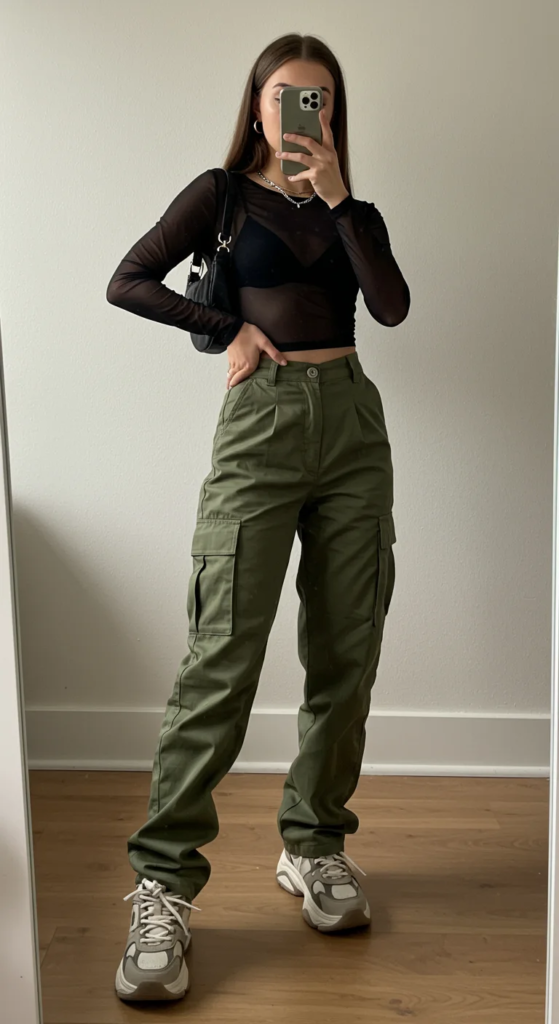 Mesh Top and High-Waisted Cargo Pants
