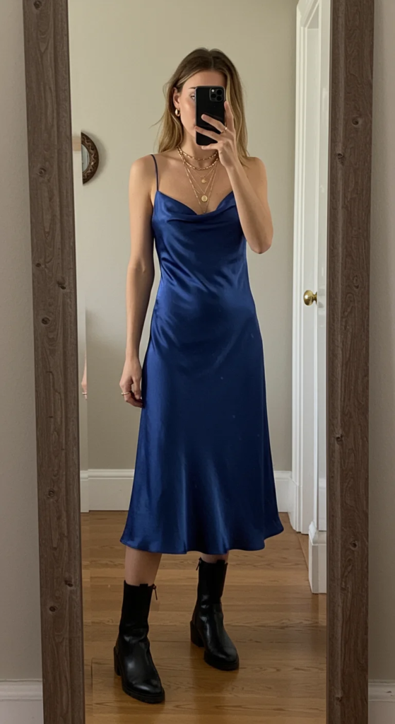 Satin Slip Dress and Moto Boots