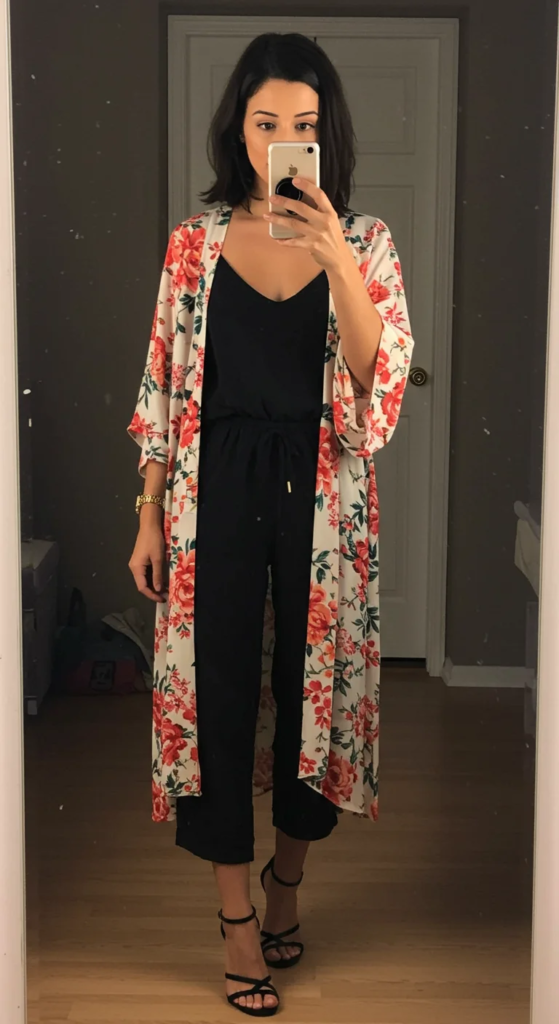 Kimono-Style Cardigan and Fitted Jumpsuit