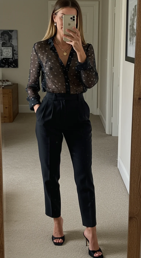 Sheer Blouse and High-Waisted Trousers