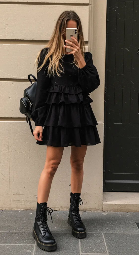 Ruffled Mini Dress and Combat Boots