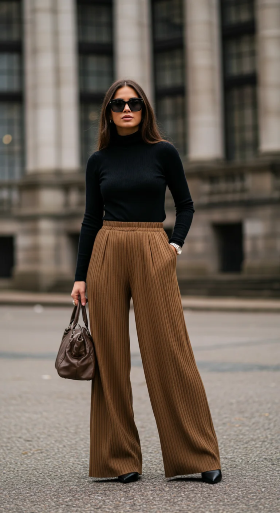 Pleated Palazzo Pants and Fitted Turtleneck