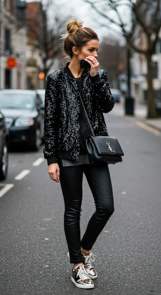  Sequined Bomber Jacket and Leather Leggings