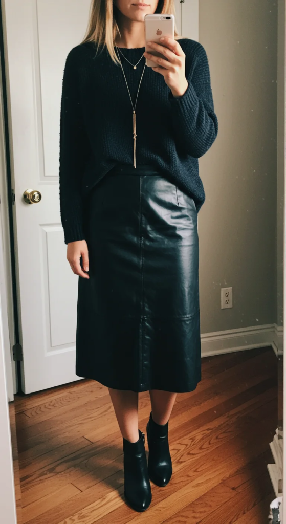 Leather Midi Skirt and Cashmere Sweater