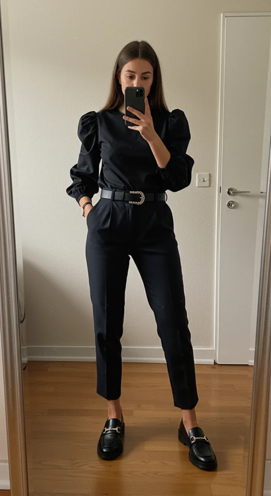 Puff-Sleeve Blouse and Cigarette Pants