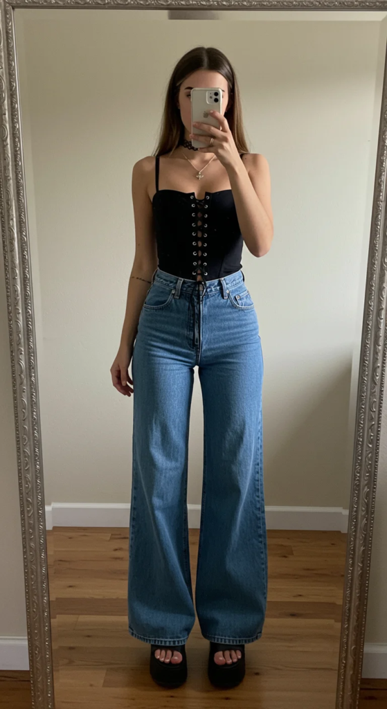 Lace-Up Corset Top and Wide-Leg Jeans