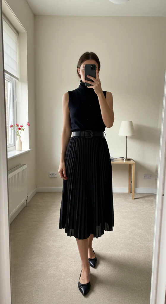 Sleeveless Turtleneck and Pleated Midi Skirt