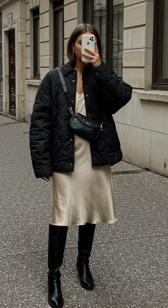 Quilted Jacket and Silk Slip Dress