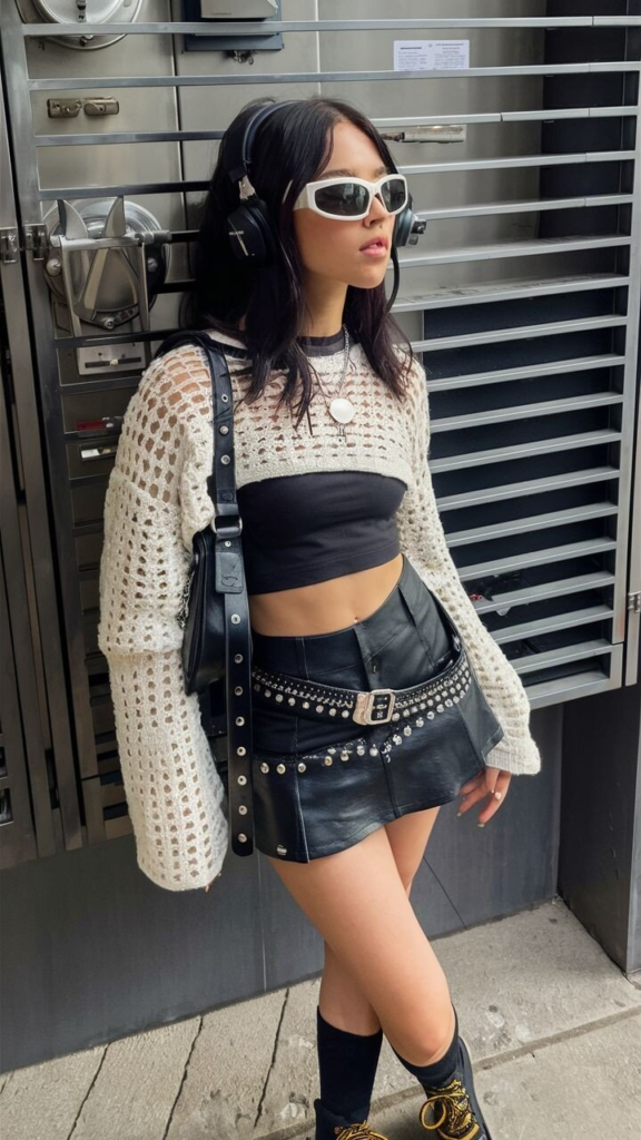 Edgy Crop Top with Studded Leather Skirt