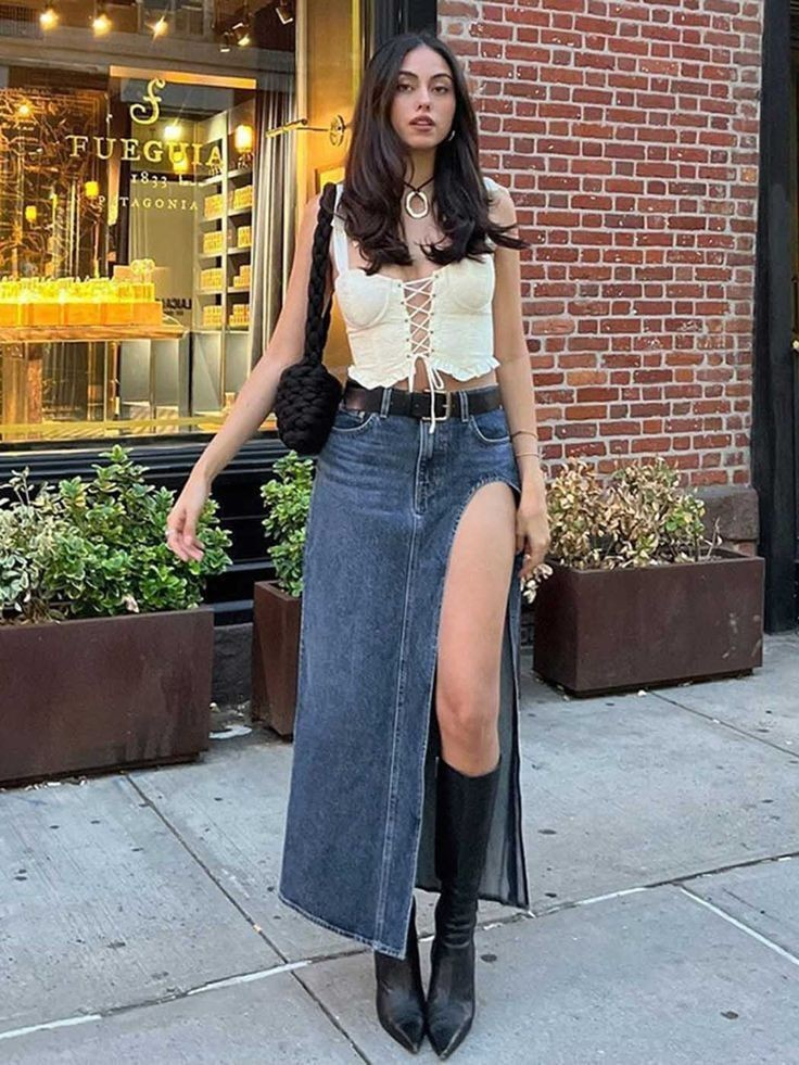  Corset Top with Denim Slit Skirt