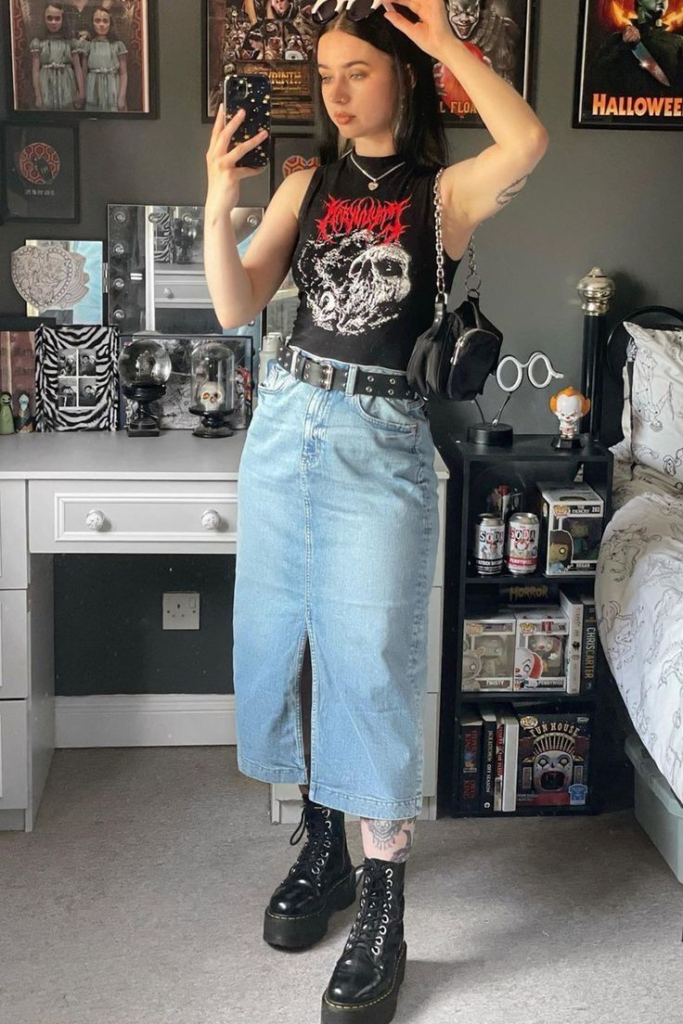  Graphic Tee with Denim Skirt