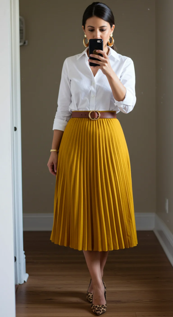 Pleated Midi Skirt and Crisp Button-Down