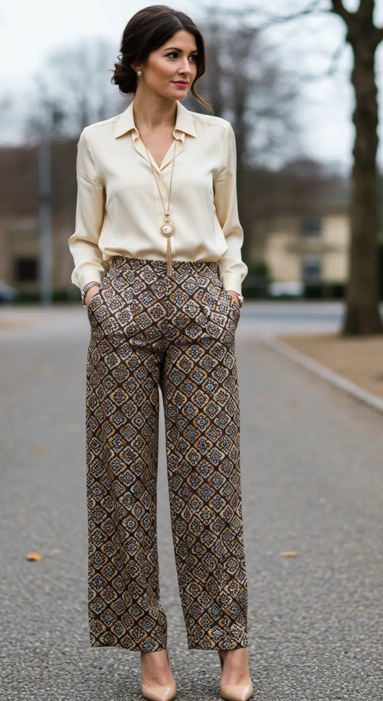 Patterned Palazzo Pants and Solid Blouse