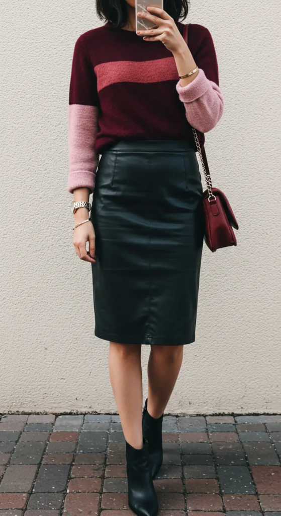 Colorblock Sweater and Leather Skirt