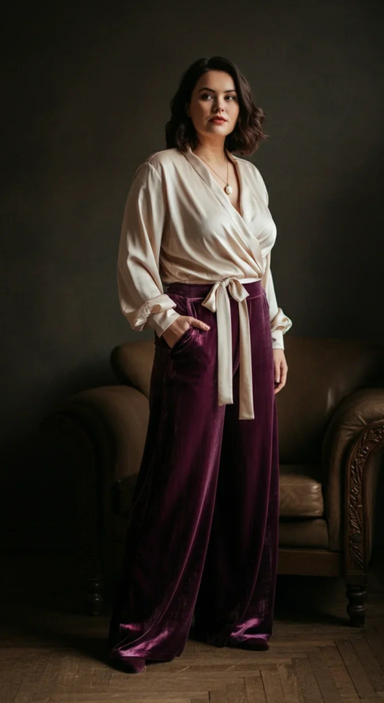 Velvet Palazzo Pants with Silk Wrap Top
