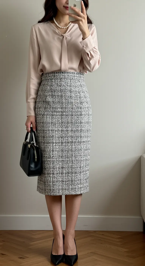 Tweed Skirt and Silk Blouse Combo