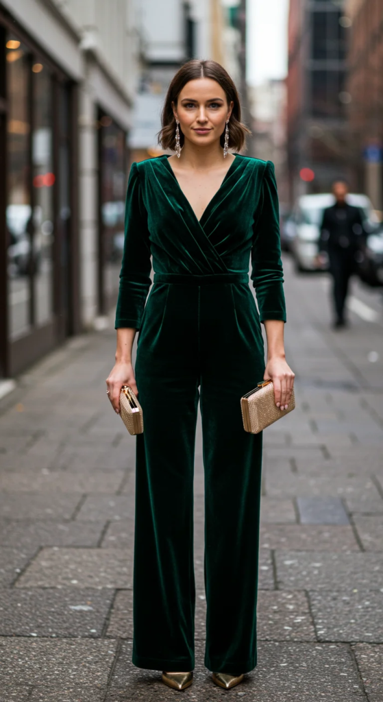Velvet Jumpsuit and Metallic Accessories