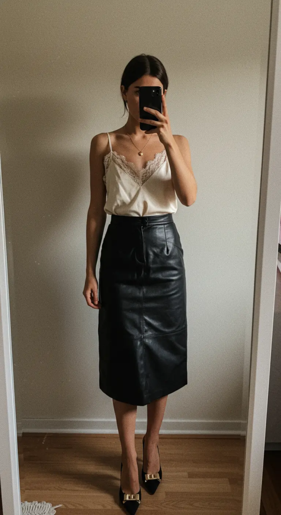 Silk Camisole and Leather Midi Skirt