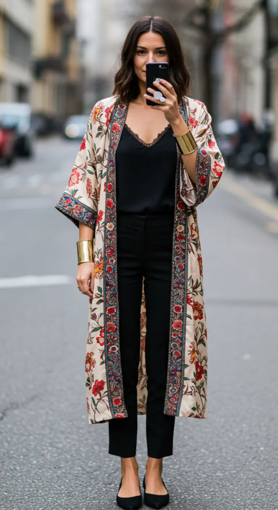Printed Maxi Kimono and Slim-Fit Trousers
