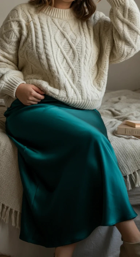 Satin Slip Skirt with Chunky Knit