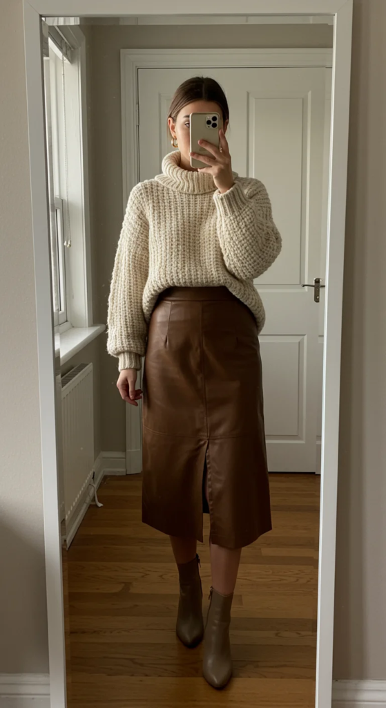 Knit Perfection: Turtleneck Sweater and Leather Skirt