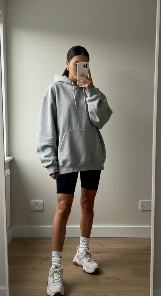 Sporty Chic: Oversized Hoodie and Bike Shorts