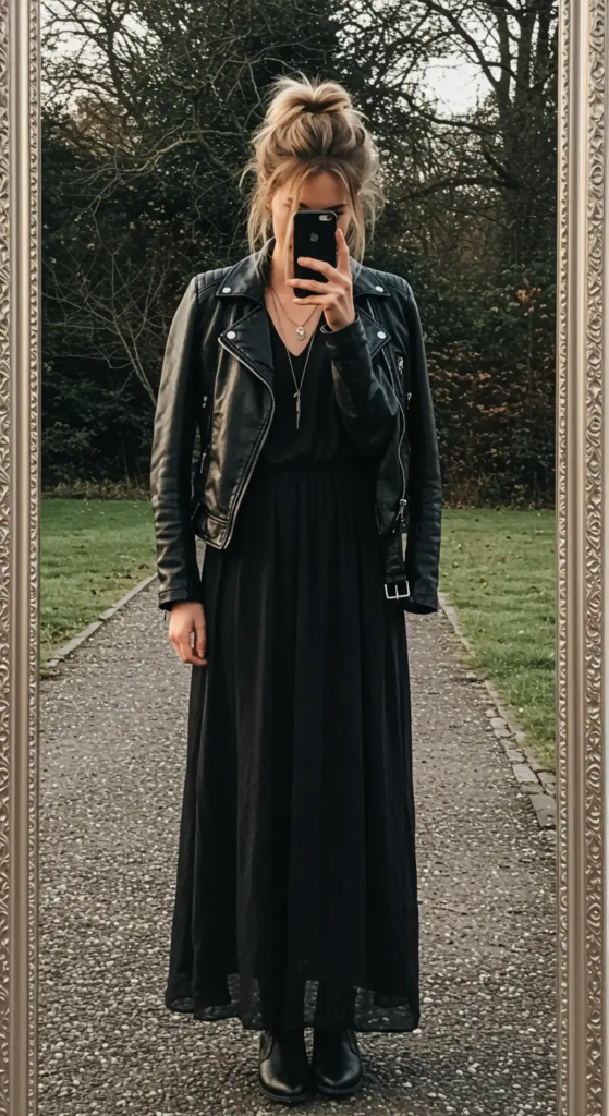 Statement in Black: Maxi Dress and Leather Jacket